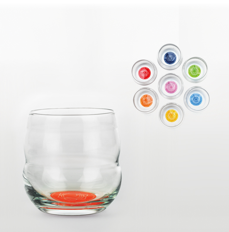 Seven 250ml Mythos Glasses shaped with the Golden Ratio, help balance our 7 chakras with 7 colors of the rainblow, symbols and words of affirmation on their bases